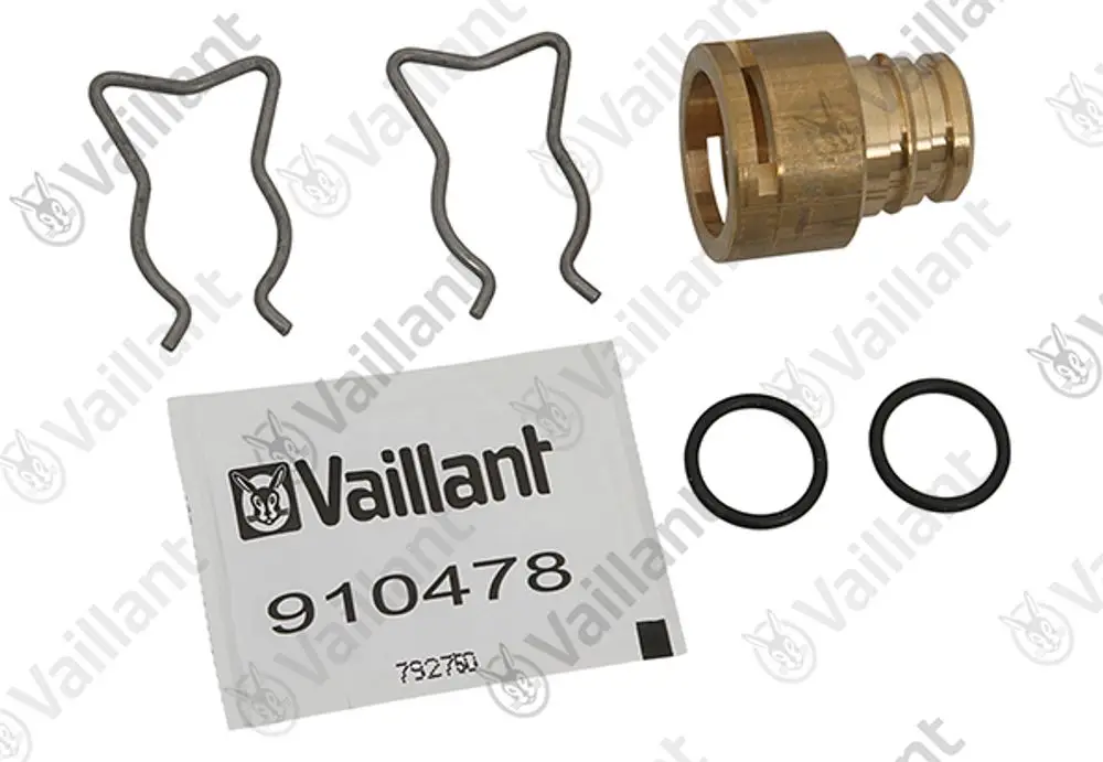 Vaillant Anschlussstück mit zwei Halteclips, einer Messingmutter und zwei O-Ringen, verpackt in einem weißen Beutel mit Artikelnummer.